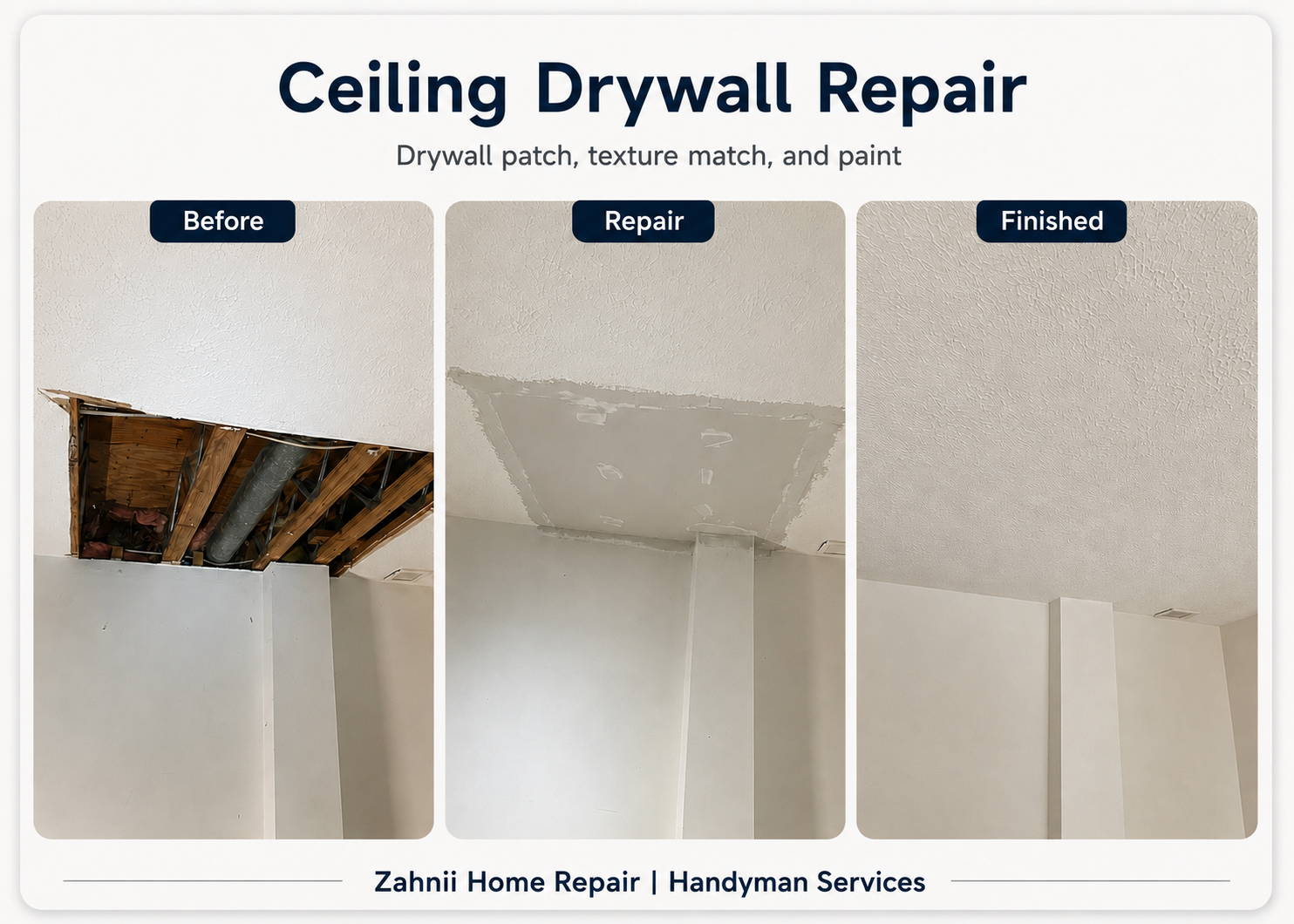 Ceiling drywall repair project by Zahnii Home Repair
